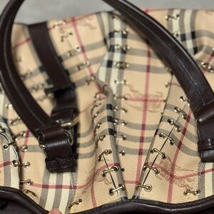 Burberry Beige Checkered Tote with Dark Brown Straps